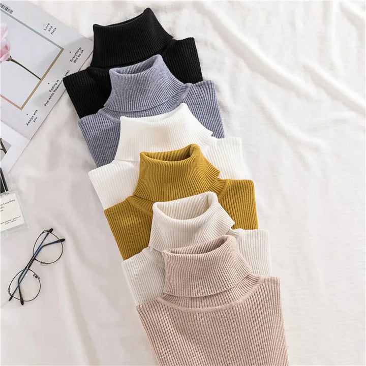 Gebreide effen dames trui, lange mouwen. Stijlvolle coltrui voor herfst & winter.