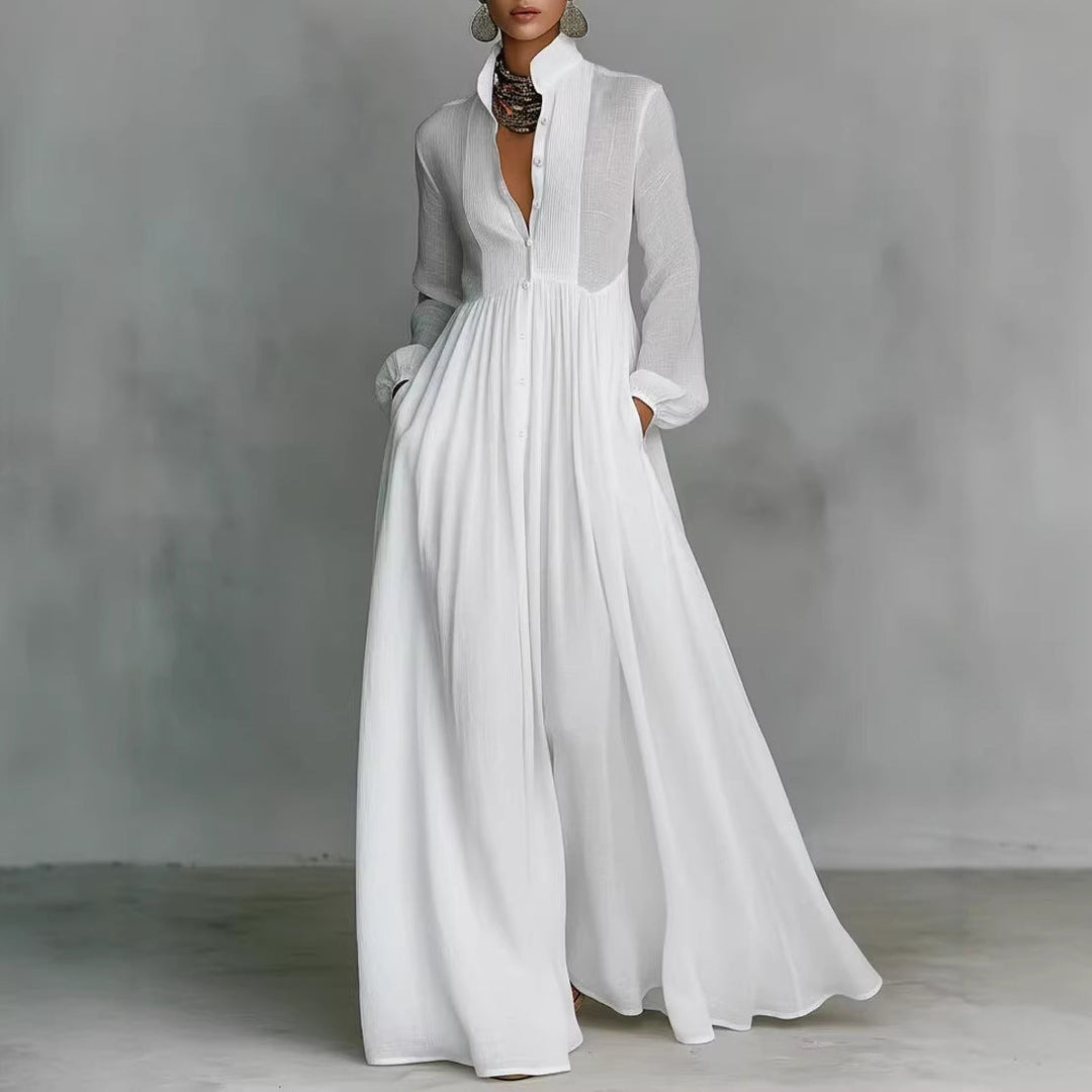 Elegante dames geplooide maxi-jurk met lange mouwen in Franse stijl, perfect voor lente en zomer.