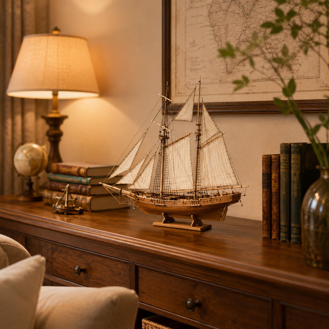 Klassiek zeilschip modelbouw: elegant houten zeilschip. Uitdagende 3D puzzel voor schepenliefhebbers.