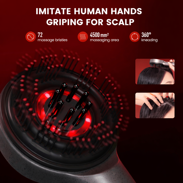 Hoogwaardige hoofdhuidmassageborstel met rood licht therapie voor een gezonde hoofdhuid en vol haar.
