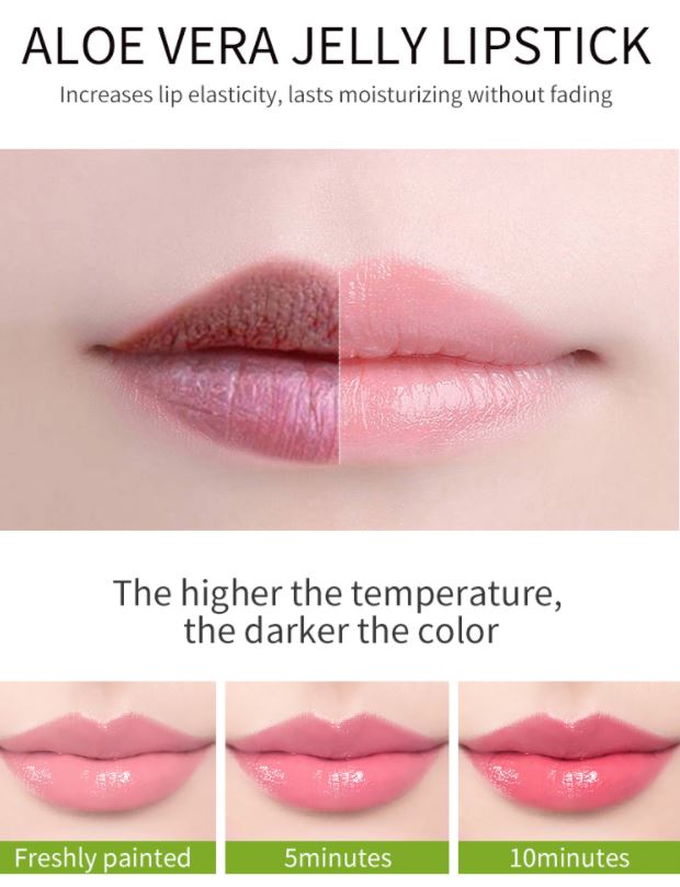 Swatches van aloë vera lippenstift die de unieke en natuurlijke lipkleur op verschillende huidtinten toont.