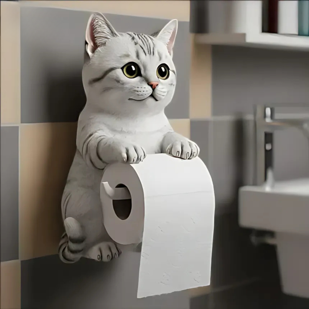 Humoristische katten toiletrolhouder, een speelse badkamer accessoire en blikvanger.