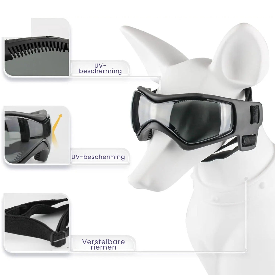 RiderPaw hondenbril met UV-bescherming. Perfecte aanvulling op de helm voor veilige motoravonturen van je hond.