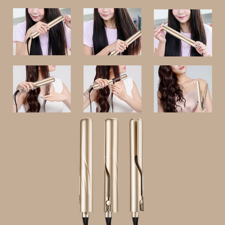 Vrouw stylet haar met de KaysHair 2-in-1 haarstyler. Creëer eenvoudig krullen of stijl haar thuis.