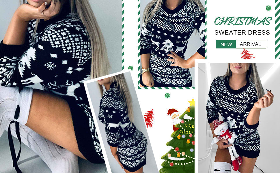 Stijlvolle dames jurk met lange mouwen, geschikt als kerstjurk of feestjurk. Elegante winteroutfit.