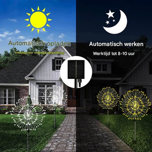Duurzame waterdichte solar tuinlamp; energiezuinige LED verlichting met vuurwerkeffect voor buiten.