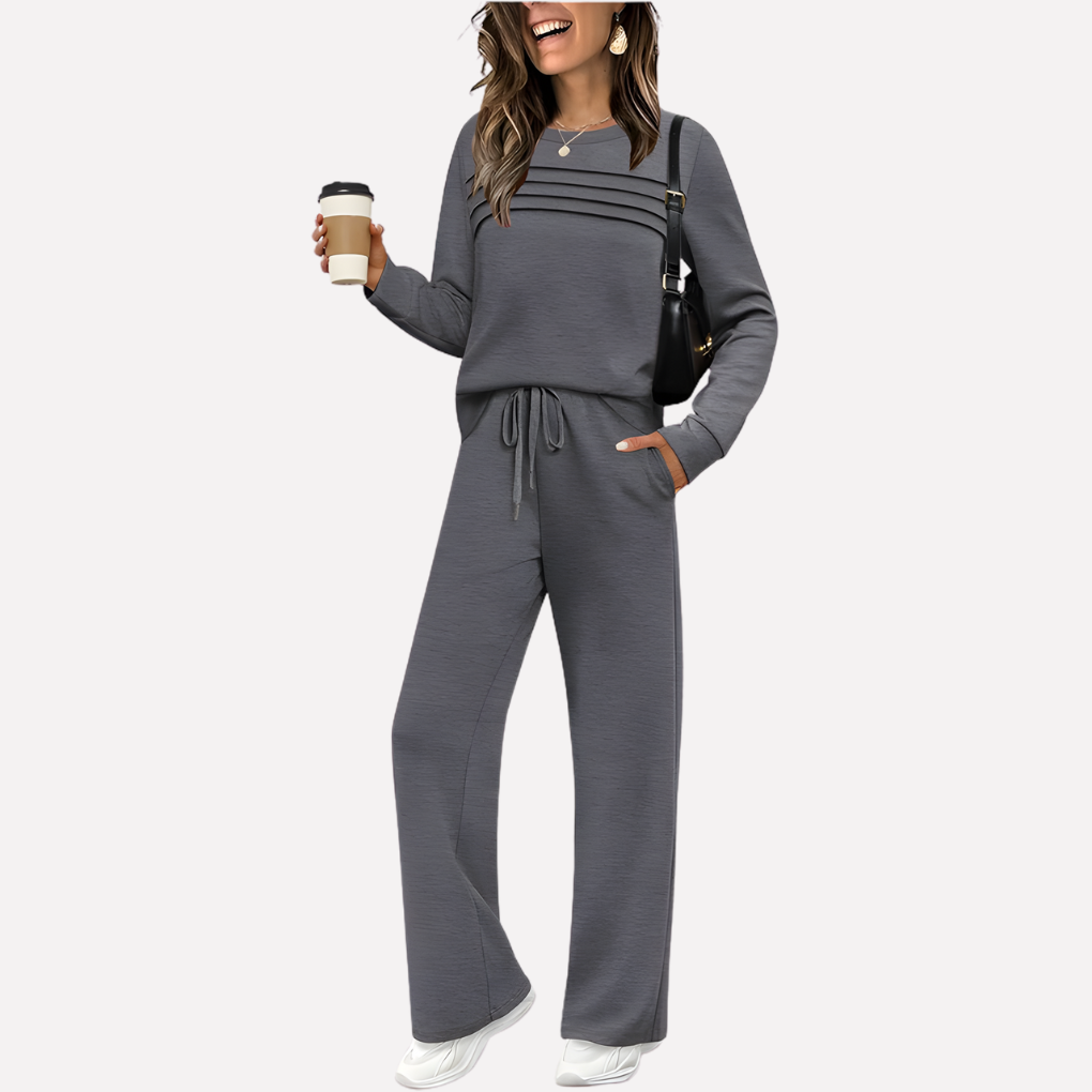 Dames twee-delige lounge set: comfortabele top met hoge hals & wijde pijpen broek voor casual ontspanning.