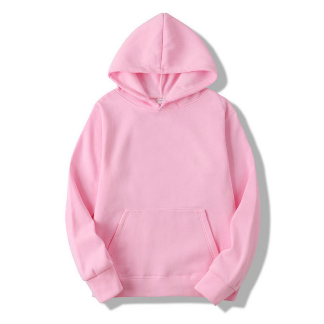 Zij-aanzicht van stijlvolle effen herenhoodie met capuchon, comfortabele basickleding voor herenmode.