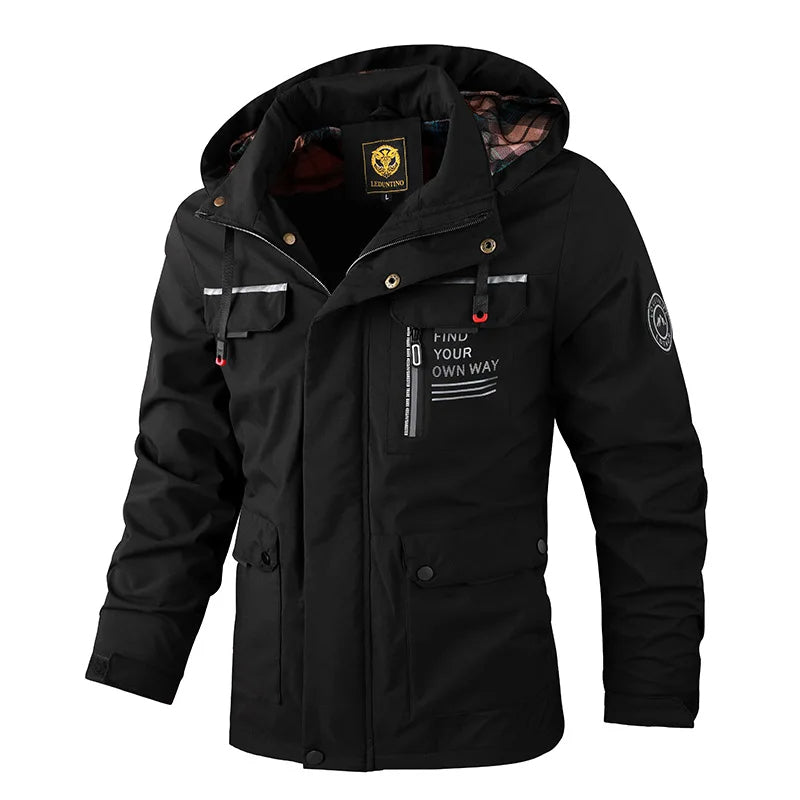 Detail van de stof en ritssluiting van deze warme, waterdichte heren parka jas. Hoge kwaliteit.