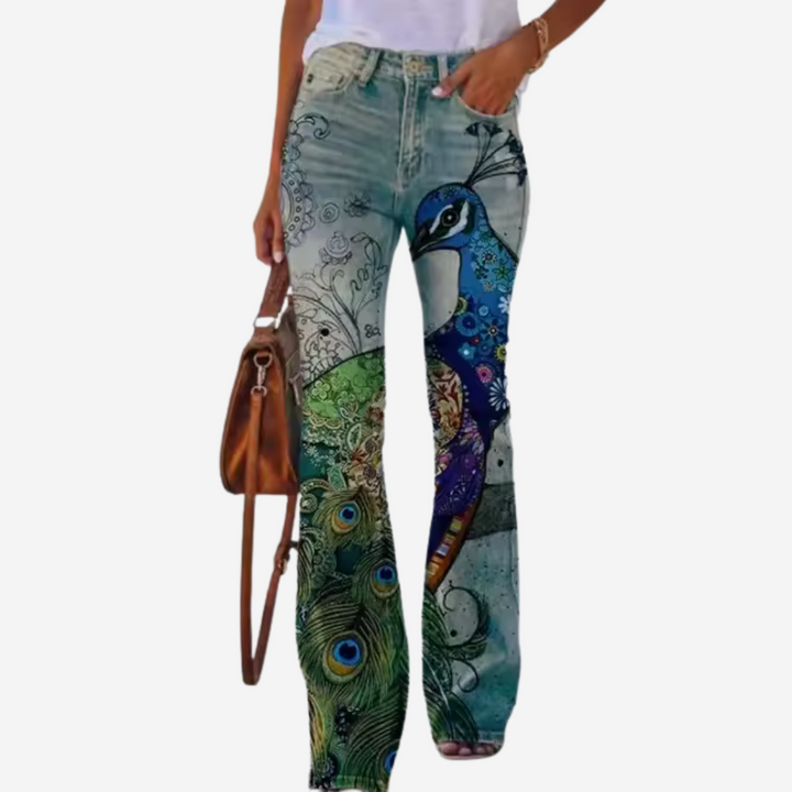 Dames flare broek, jeans met modieus patroon. Comfortabele pasvorm en trendy wijde pijpen.