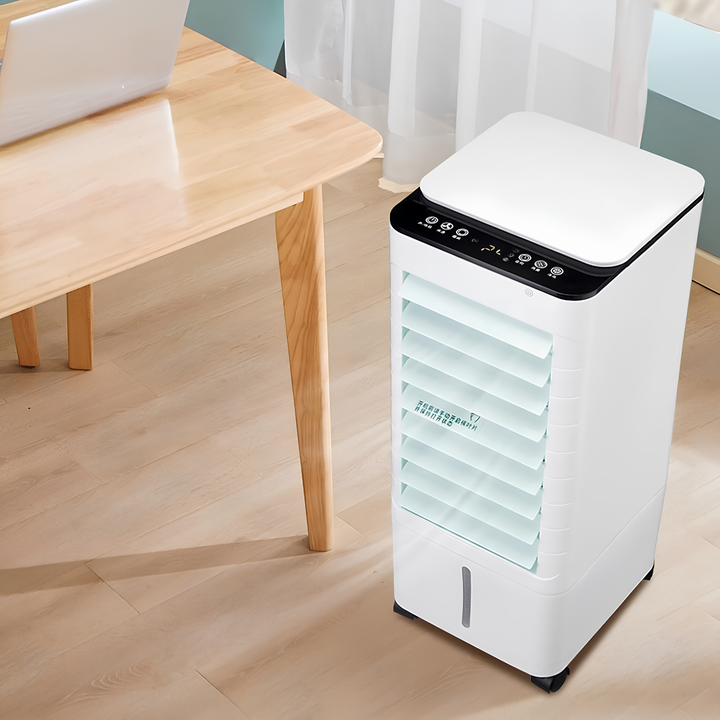 Compacte ventilator-luchtkoeler met bevochtigingsfunctie; zorgt stil voor frisse lucht in elke ruimte.