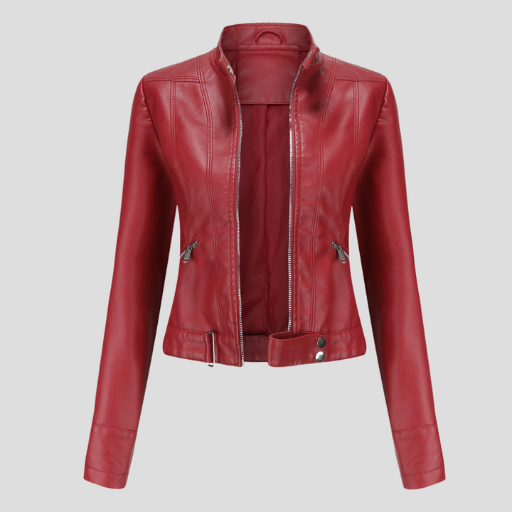 Veelzijdige dames slim fit jas met asymmetrische rits, elegante leren look, ideaal voor casual outfits.
