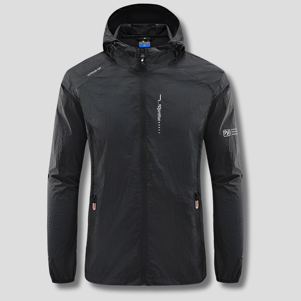 Sportieve ultralichte heren jas met capuchon. Wind- en zonbestendige buitenkleding, compact voor lente- & herfstweer.