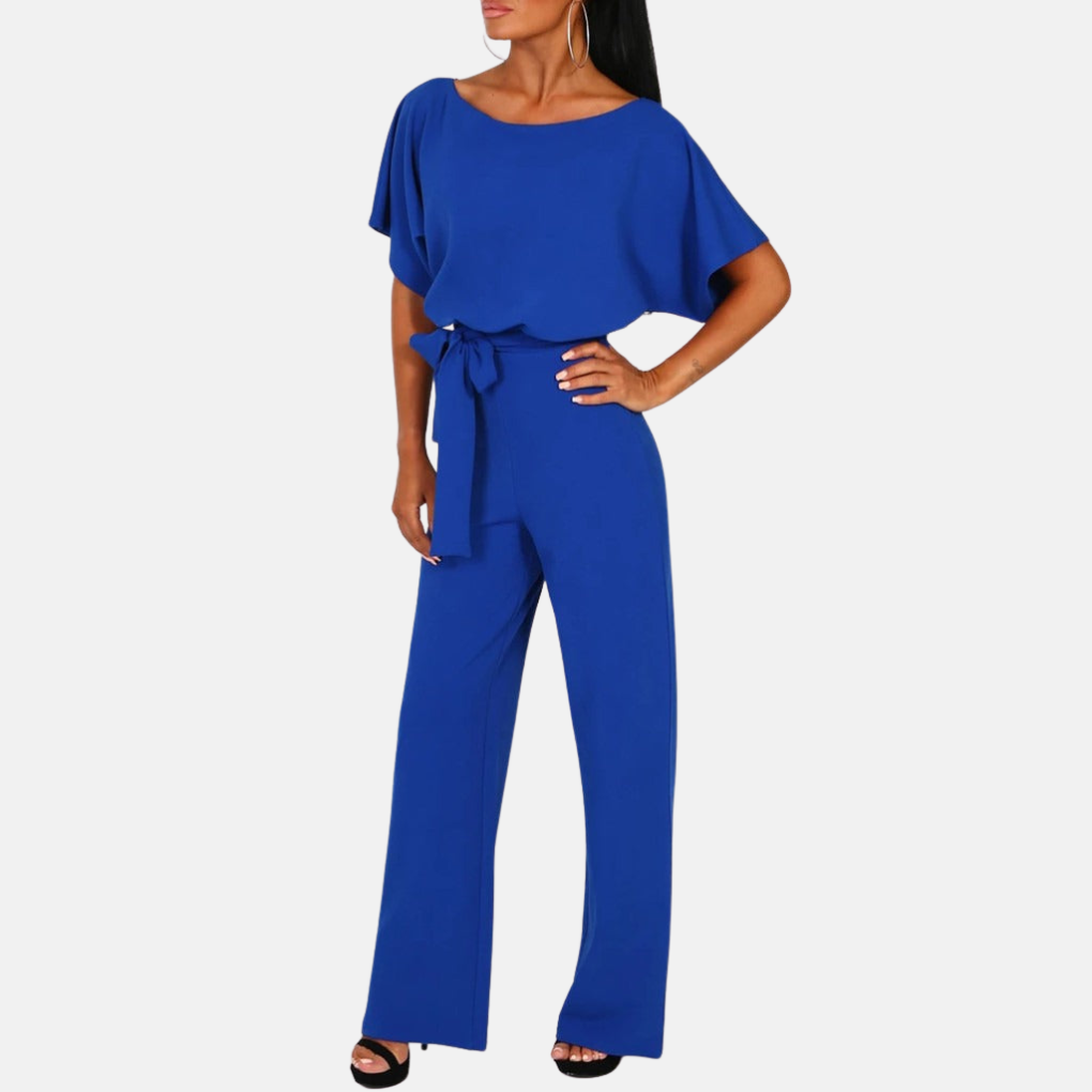Stijlvolle effen dames zomerjumpsuit, hoge taille, wijde pijpen, korte mouwen, ideaal voor een modieuze look.