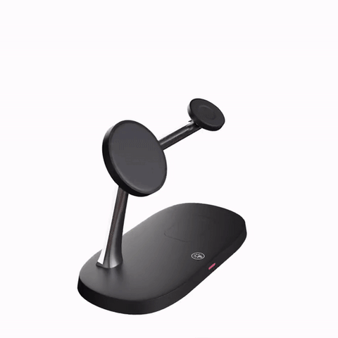 Stijlvol 3-in-1 Qi-oplader laadstation, perfect voor een opgeruimde werkplek en snelle laadtijden.