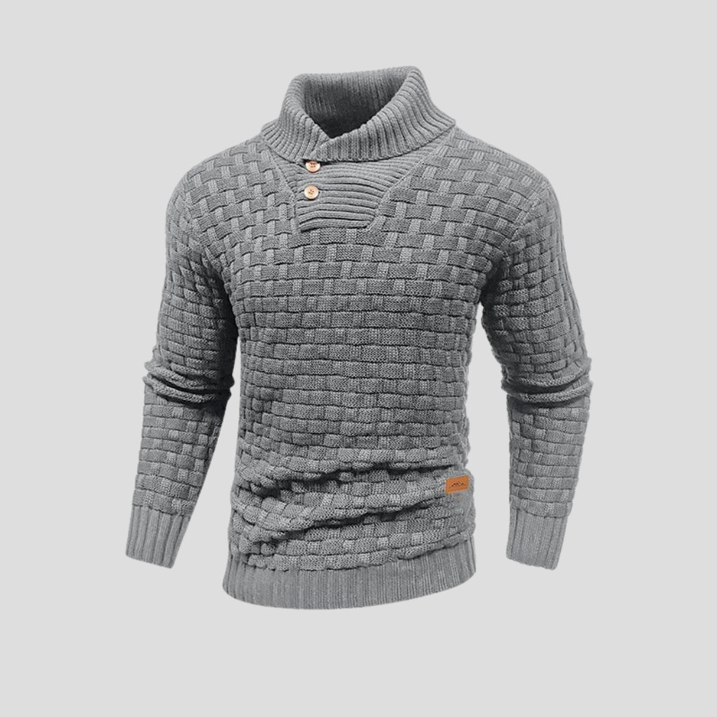 Gebreide heren pullover met halve kraag en knoopjes. Ideale warme trui voor najaar en winter.