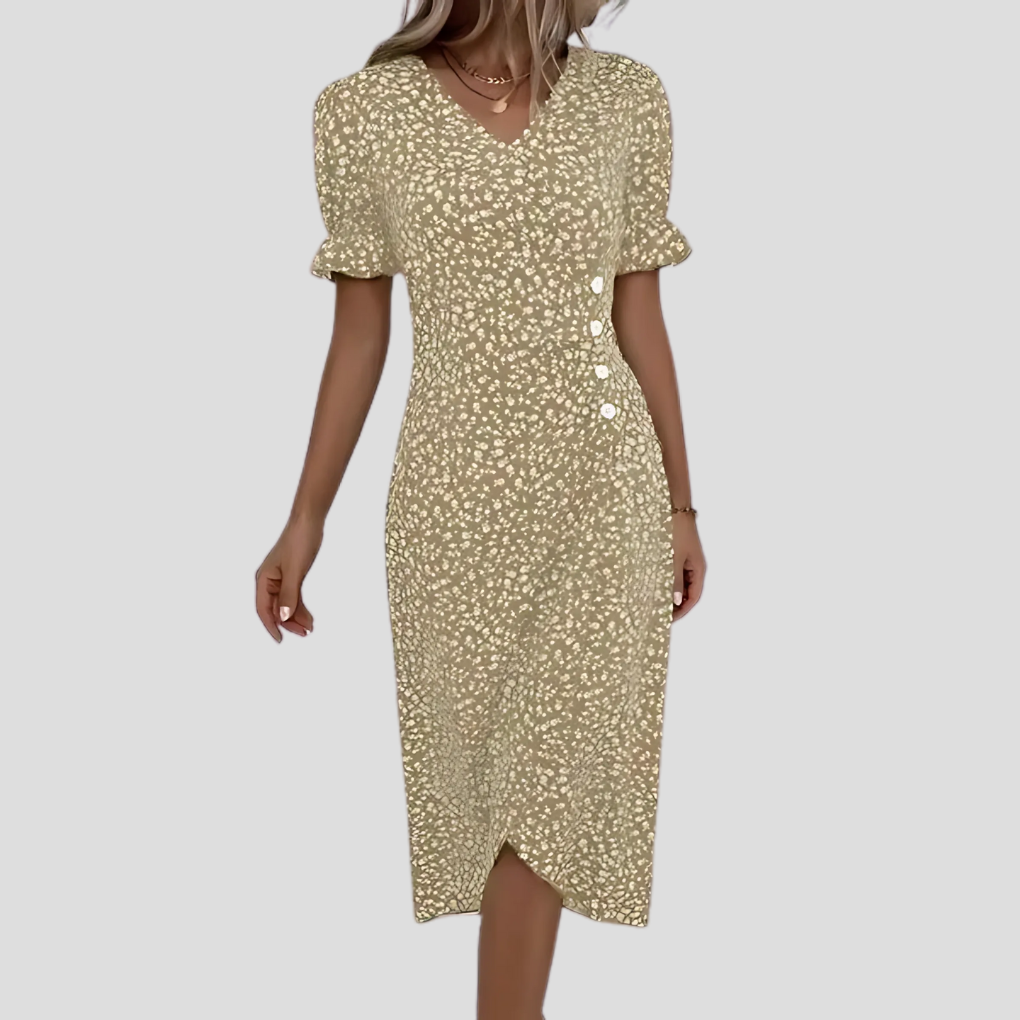 Elegante midi damesjurk met bloemenpatroon, V-hals, korte pofmouwen en een flatterende A-lijn.