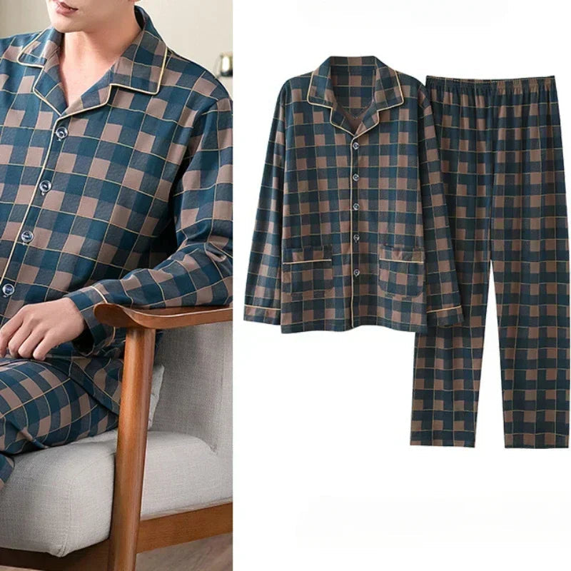 Zachte heren pyjama set met lange mouwen, comfortabele nachtkleding en loungewear, ideaal voor herfstavonden.