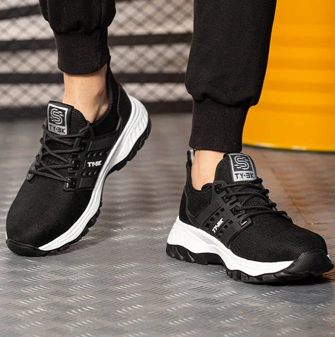 Stijlvolle SafeGuard sneakers met de veiligheid van werkschoenen; perfect voor werkcomfort en voetpijnpreventie.