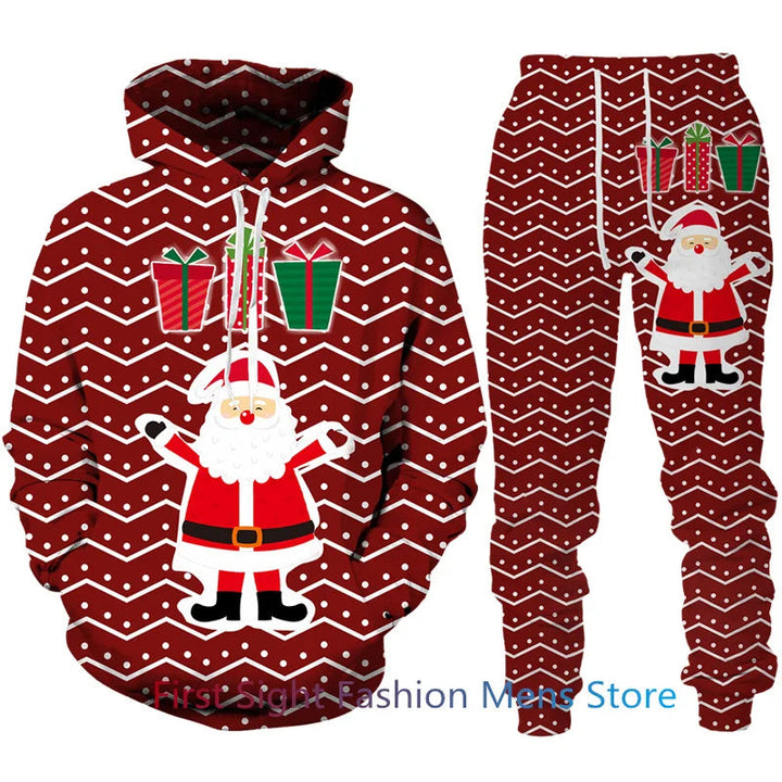 Modieuze heren feestdagen loungeset. Comfortabel huispak met capuchontrui en joggingbroek, ideaal voor kerst.