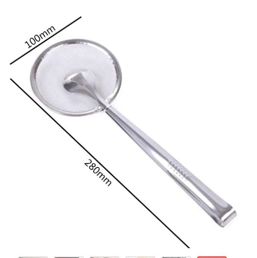 Ergonomische keukentang met zeef van hoogwaardig roestvrijstaal, essentieel voor frituren en het verwijderen van overtollige olie.