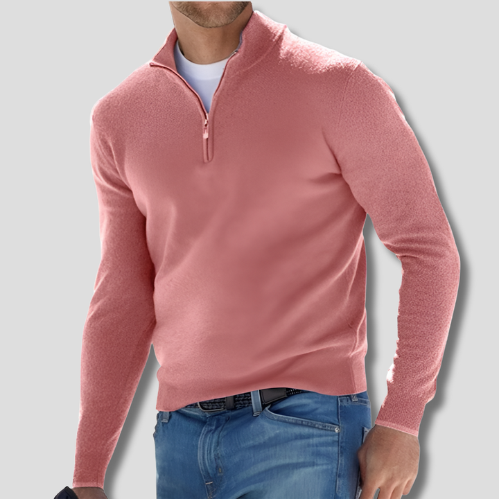 Comfortabele heren katoenen trui. Gebreide pullover met ritskraag voor herfstmode en winterkleding.