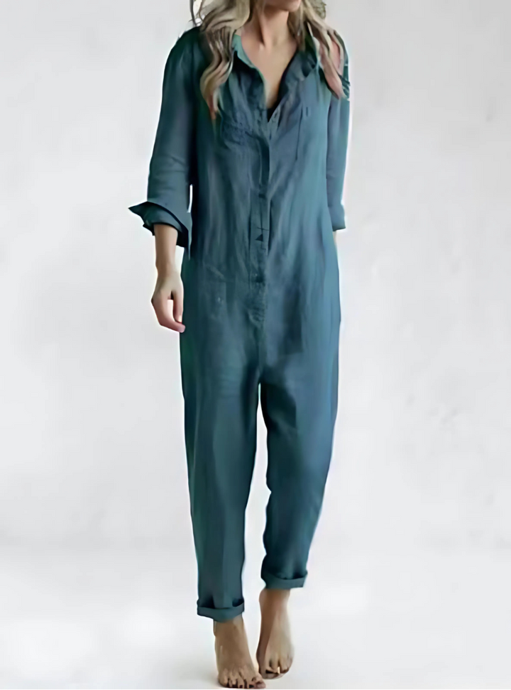 Hoymans dames jumpsuit, elegant en casual, met knoopsluiting en zakken. Modieuze boilersuit in zwart voor de zomer.