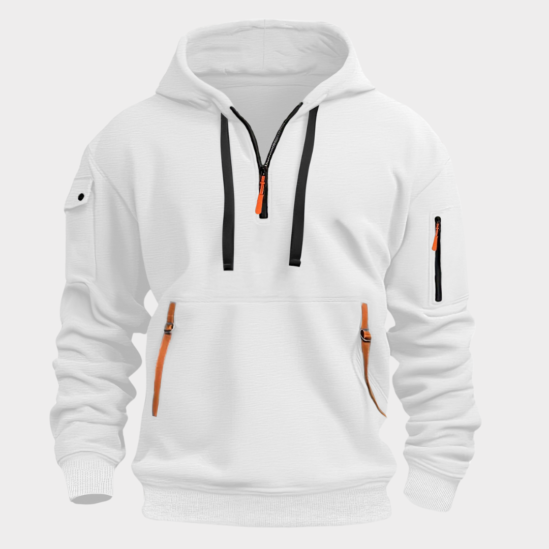Close-up van de halve rits en zachte stof van de Heren Hoodie Ben, verkrijgbaar in ruime maten.