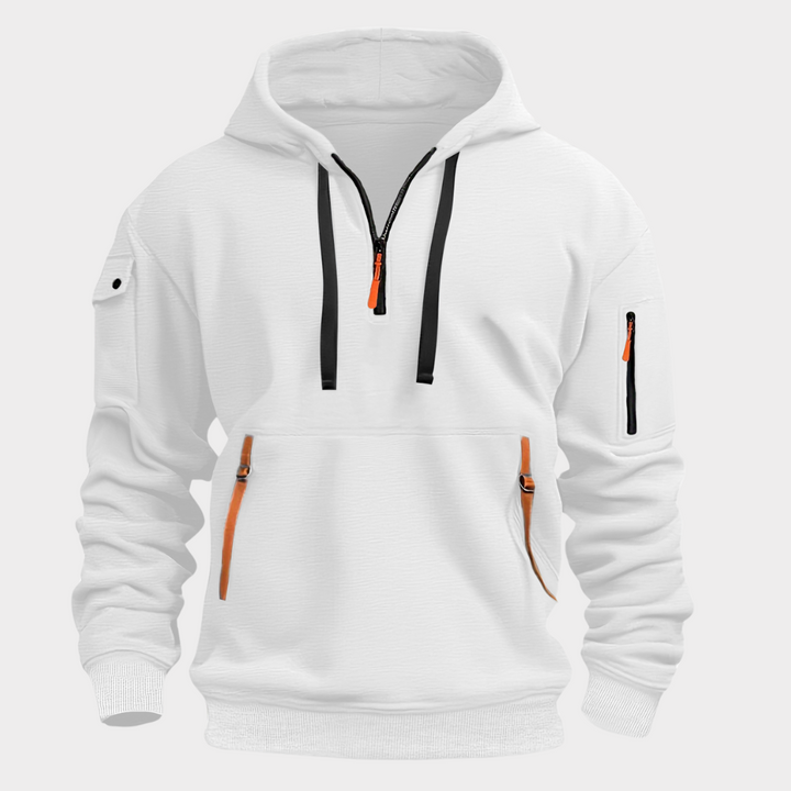 Close-up van de halve rits en zachte stof van de Heren Hoodie Ben, verkrijgbaar in ruime maten.