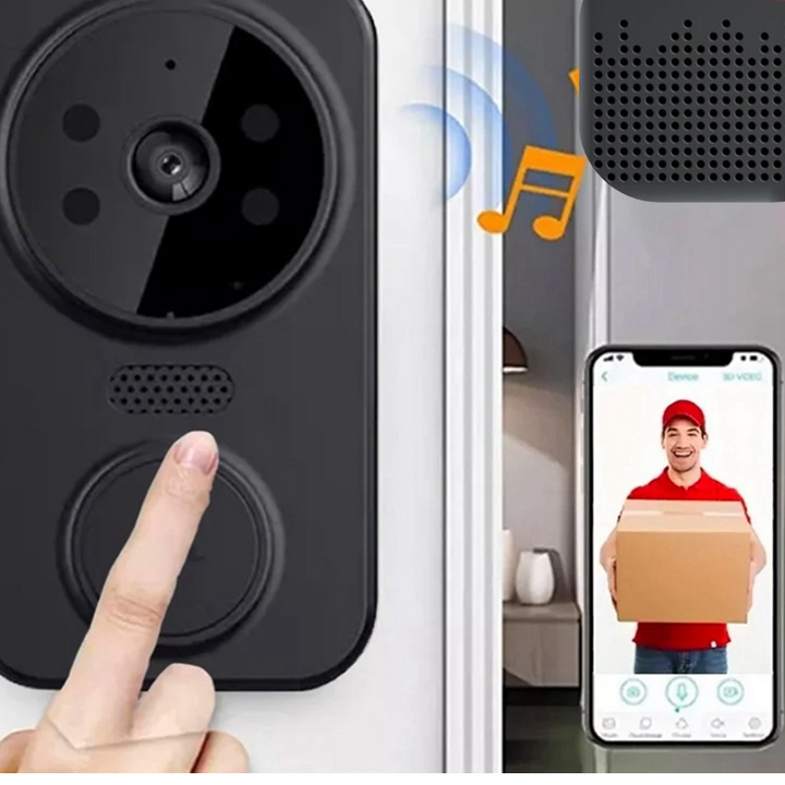 Zwarte slimme WiFi deurbel met HD camera, alarm en nachtzicht voor optimale huisbeveiliging en veiligheid.