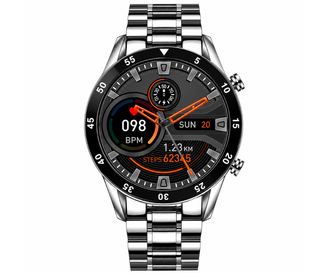 Man toont zijn stijlvolle smartwatch aan de pols, met een gepersonaliseerde wijzerplaat. Digitaal en modern.