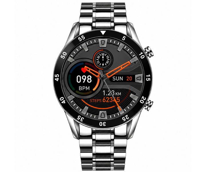 Man toont zijn stijlvolle smartwatch aan de pols, met een gepersonaliseerde wijzerplaat. Digitaal en modern.