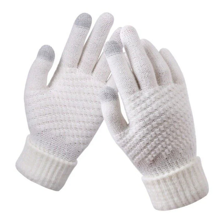 Moderne grijze gebreide touchscreen handschoenen voor dames, een stijlvolle winteraccessoire.
