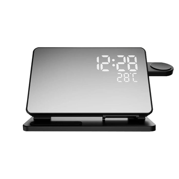 Zwarte 3-in-1 draadloze oplader met snellaadstation en digitale wekker. Ideaal voor nachtkastje.