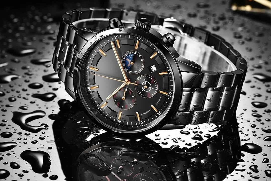 Herenhorloge militair stijl om de pols gedragen. Stijlvol zwart accessoire, robuust en waterbestendig.