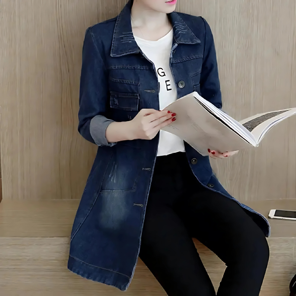 Elegante lange dames denim jas met borduur, een stijlvolle casual spijkerjas en comfortabele herfst/winterjas.