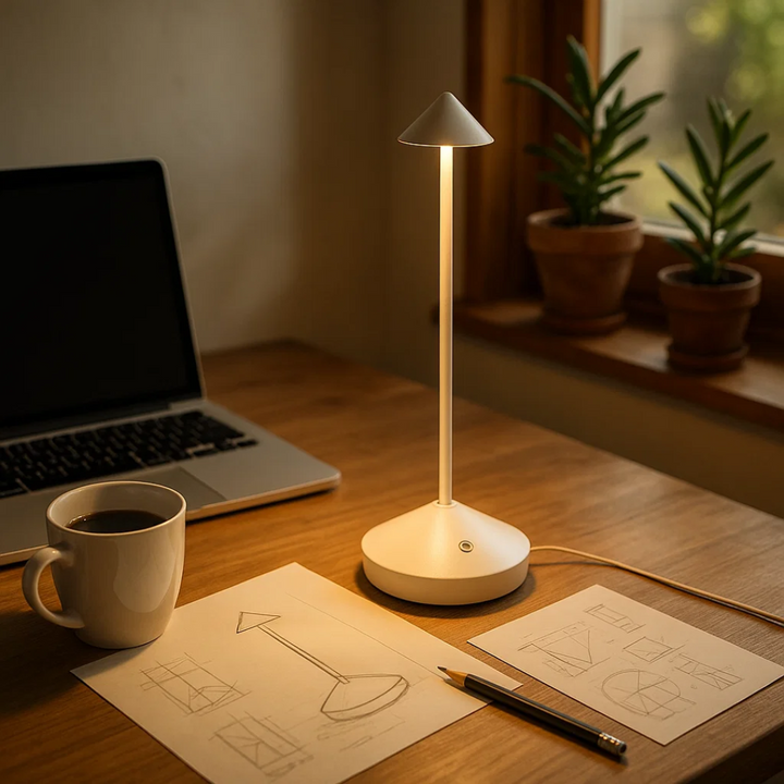Zwarte draadloze ClarityGlow tafellamp, met dimbaar licht en waterdicht ontwerp voor elke setting.