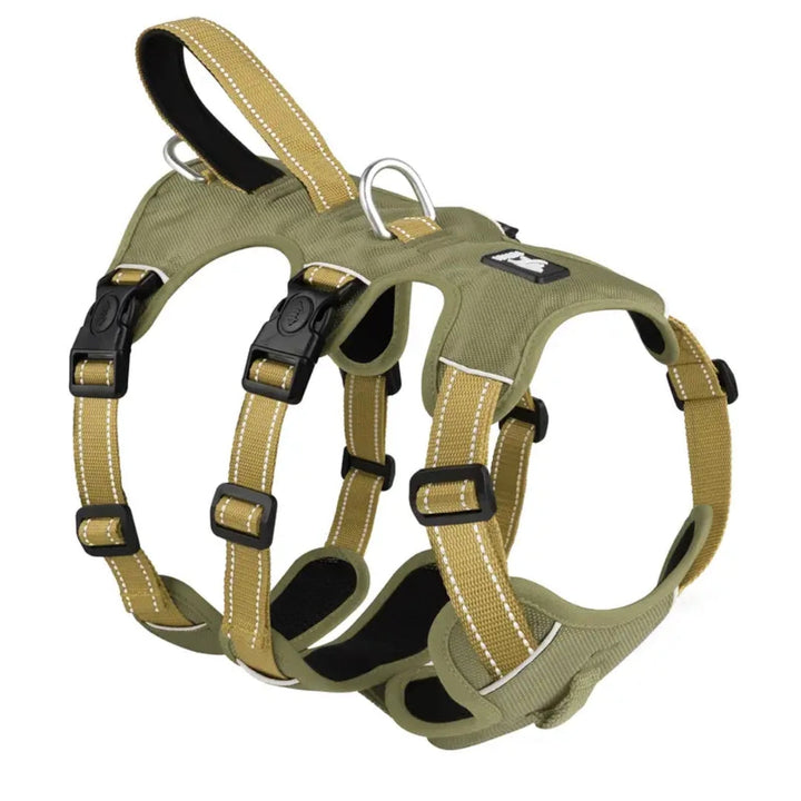 Kaki anti-ontsnap hondentuig met 3 bevestigingspunten en reflecterende details. Veilig en comfortabel wandelharnas.