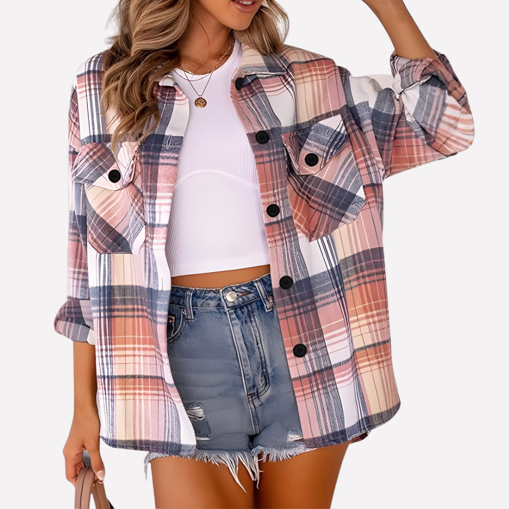 Geruite polyester overhemdjas voor dames, lange mouw, geschikt voor dagelijkse mode.