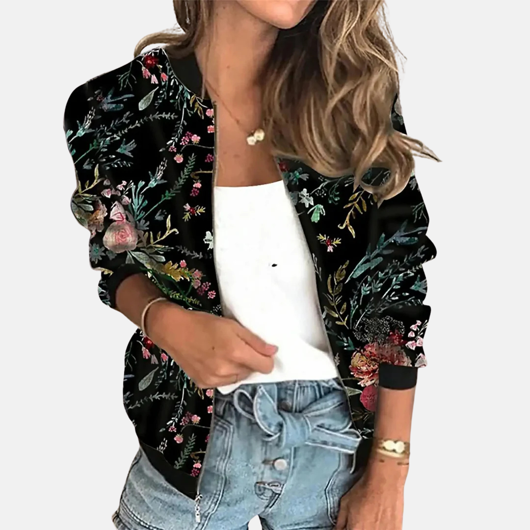 Dames bomberjack, vooraanzicht, met trendy digitale print. Retro stijl polyester jas, een echte blikvanger.