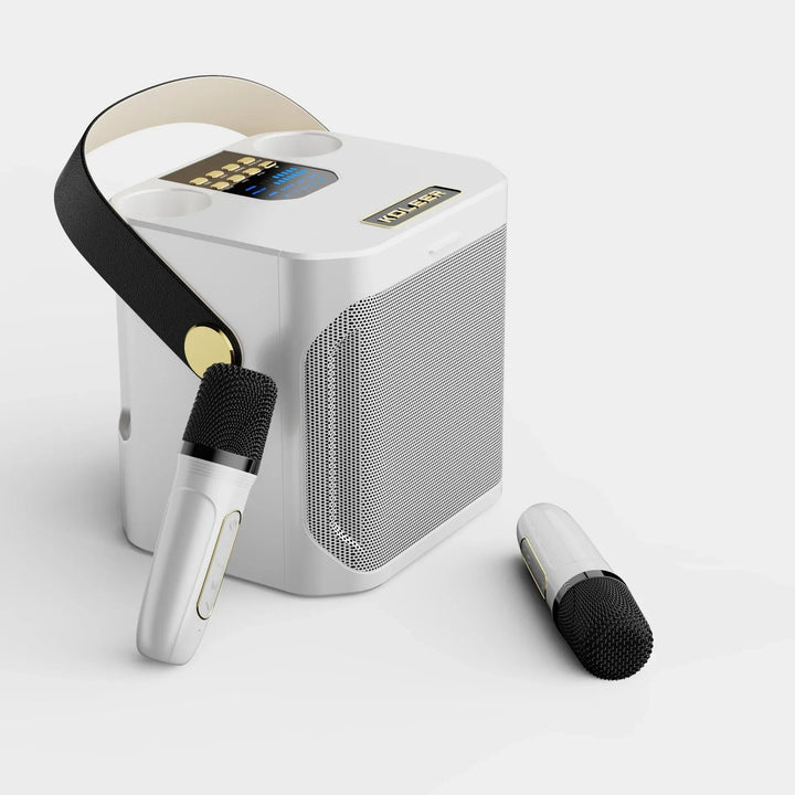 Zwarte draagbare karaoke boombox, vooraanzicht met bedieningspaneel, LED-scherm en houders voor microfoons.