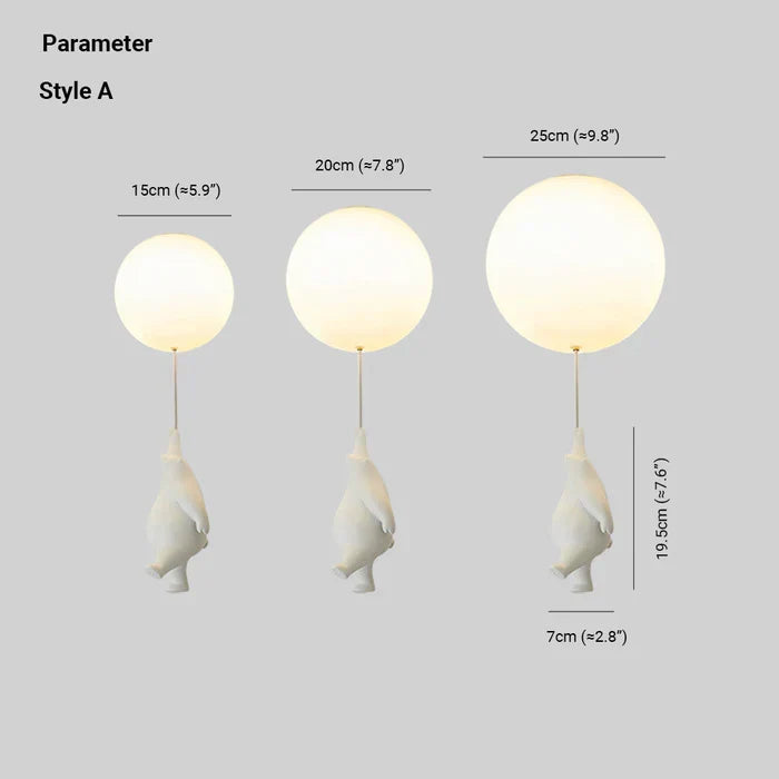 Unieke decoratieve hanglamp, witte beer met zwevende ballon, creëert warme sfeer in kinderkamer.