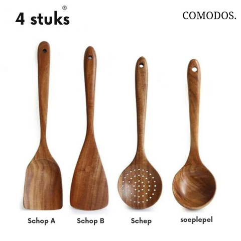 Complete duurzame teakhouten kookgerei set. Bevat diverse hittebestendige, krasvrije keukenhulpjes.