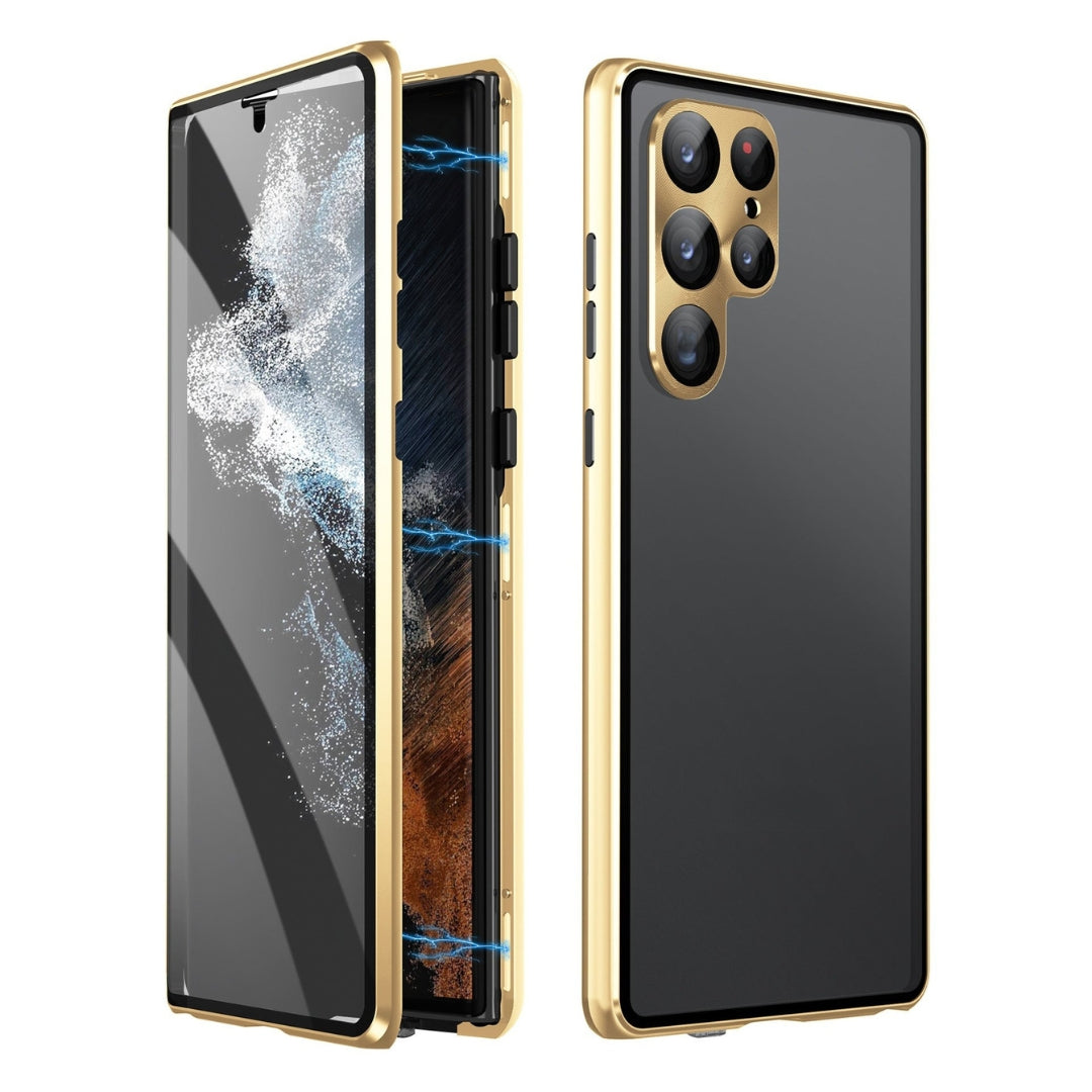 Dubbelzijdig magnetisch glazen telefoonhoesje met ClearLock privacy schermbescherming.