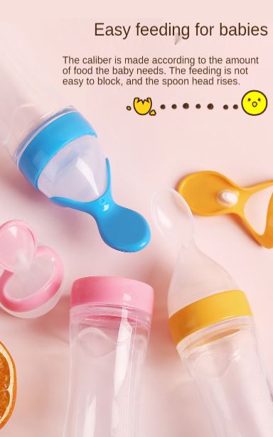 Innovatieve babyfles met geïntegreerde zachte lepel van siliconen. Handig voor het introduceren van vast voedsel.
