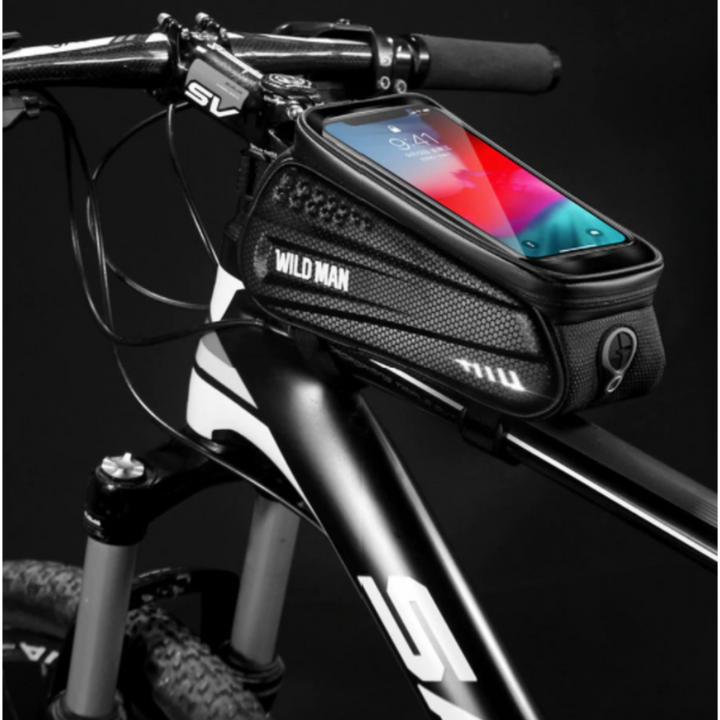 Binnenkant van de frametas fiets met aparte vakken voor spullen en een veilig telefooncompartiment.