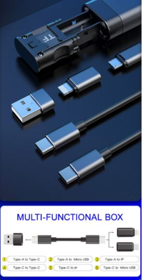 Compacte 9-in-1 multifunctionele reisadapter met telefoonhouder, USB-C kabels, sim-tool en kaartlezer. Ideaal voor reizen.