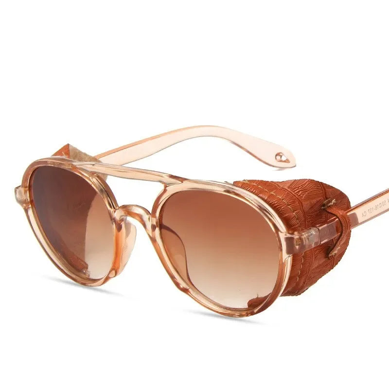 Tijdloze ronde steampunk zonnebril voor heren. Combineert vintage charme met moderne UV-bescherming. Modebril.