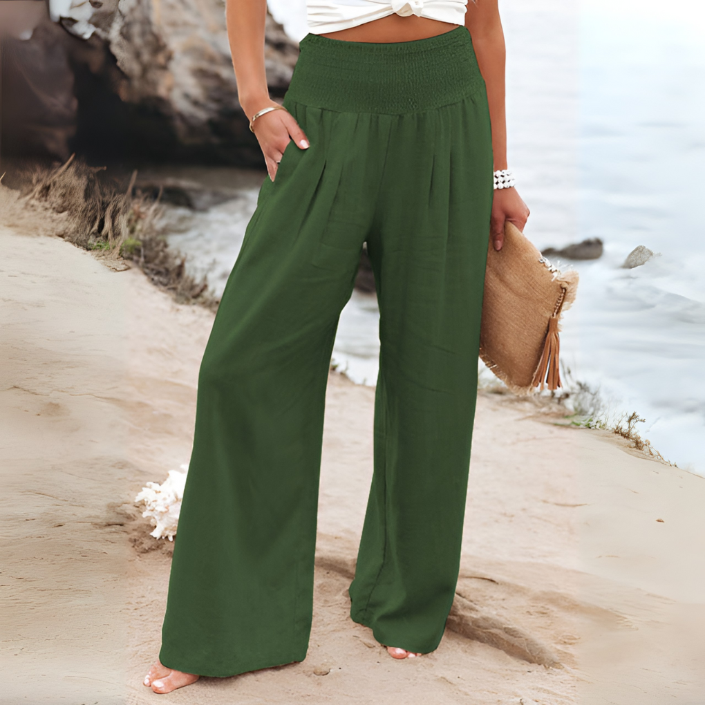 Detail van de comfortabele high-waist linnen broekstof voor dames, elegant, ademend en stretch.