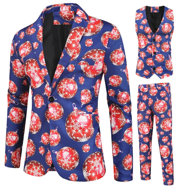 Chique heren kerstpak; een complete 3-delige outfitset. Blazer, gilet & broek voor stijlvolle kerstkleding.